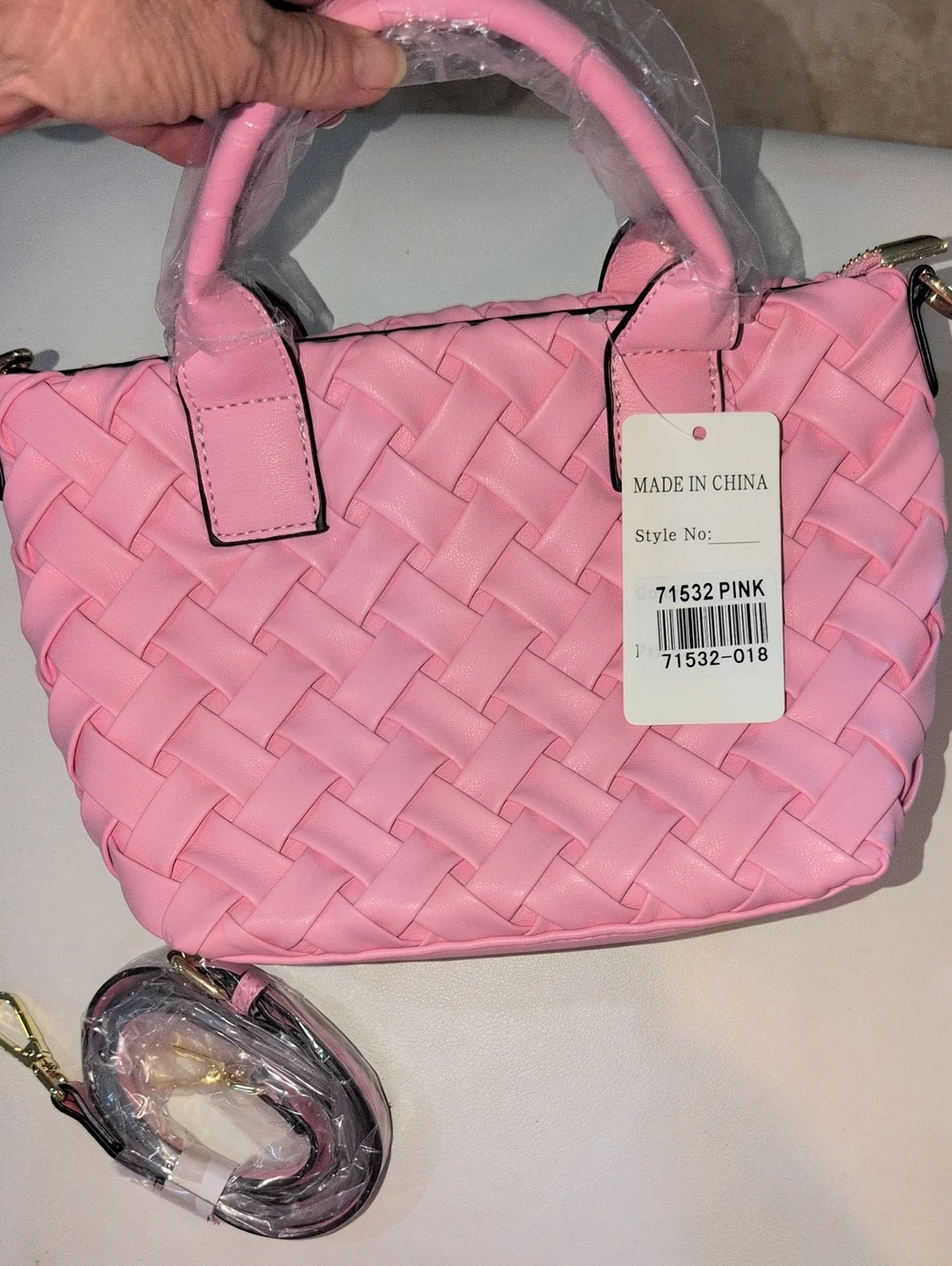 Woven Pink Women's Vegan Leather Handbag With Crossbody Strap - Picture 1 of 11